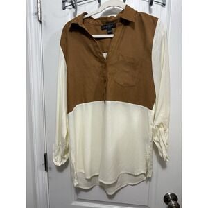August Silk Women's L Blouse Brown Cream Faux Sued Western Neutral Career Top